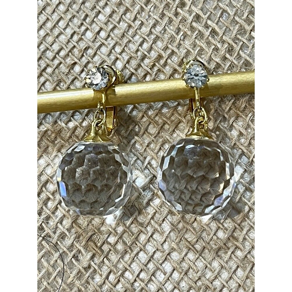 Vintage Earrings Screw Back Huggie Gold Tone Crystal Drop Dangle Jewelry Costume
